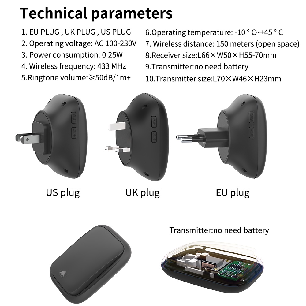 Lunzo No Battery Self Powered Wireless Doorbell US/UK/EU Plug 38 Ringtones Outdoor Waterproof 150m Range Kinetic Door Bell. 