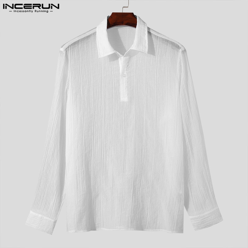 INCERUN Tops 2024 Korean Style New Men V-neck Texture Lapel Collar Shirts Fashionable Male Solid Color Long Sleeved Blouse S-5XL. 