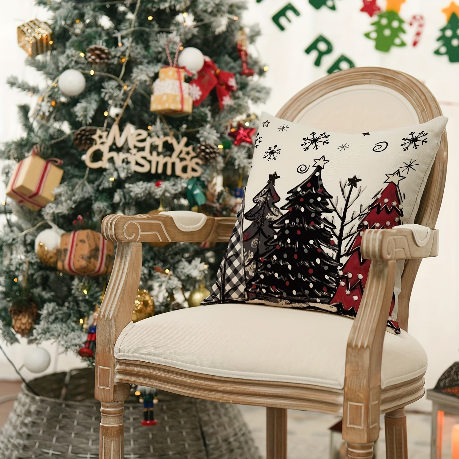 4-Pack Christmas Throw Pillow Covers,  Decorative Cushion Cases - Festive Trees, Merry & Bright, Joy Holiday Designs. 