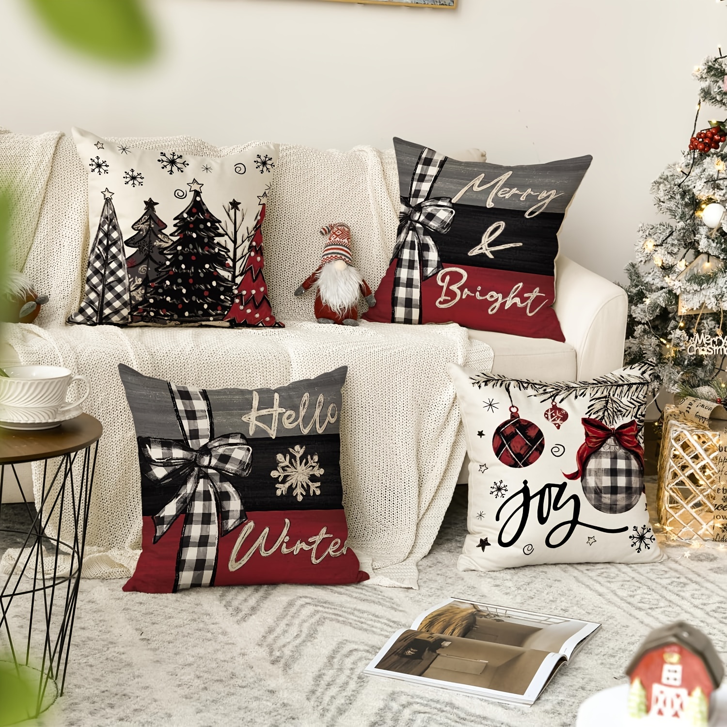 4-Pack Christmas Throw Pillow Covers,  Decorative Cushion Cases - Festive Trees, Merry & Bright, Joy Holiday Designs. 