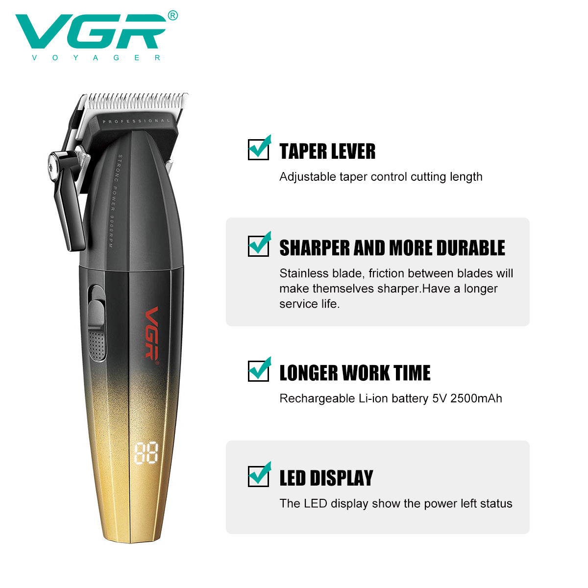 VGR Hair Clipper Professional Hair Trimmer Electric Clippers Cordless Hair Cutting Machine 9000RPM Trimmer Clipper for Men V-003. 