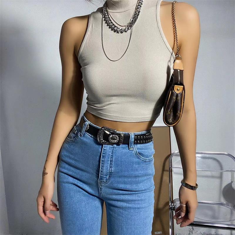 Summer Black Women Fashion Crop Top High Neck White Sleeveless Tank Tops Streetwear Basic. 