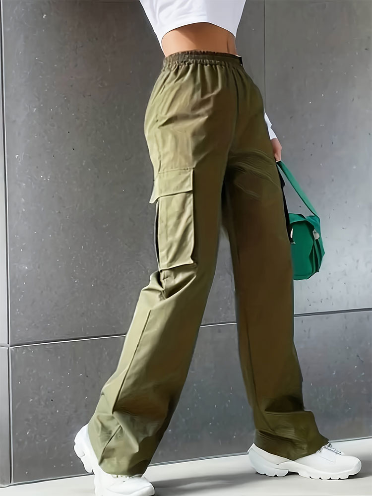 Elastic Waist Fashionable Workwear Pants High Waist Wide Leg Pants Loose Solid Color Casual Sports Pants WOMEN'S Sportswear. 