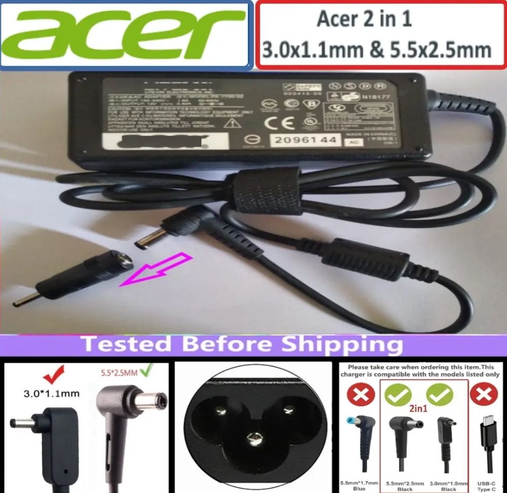 Acer Laptop Adapter/Charger for Acer Swift 1 3 5 Chromebook 11 13 14 15 Spin 1 3 5 Notebook AC Power Adapter 19V 3.42A 65W (3.0x1.1mm) 2 in 1 dc 5.5x2.5 & dc 3.0x1.1mm acer laptop adapter charger 2 in 1 2in1 two in one