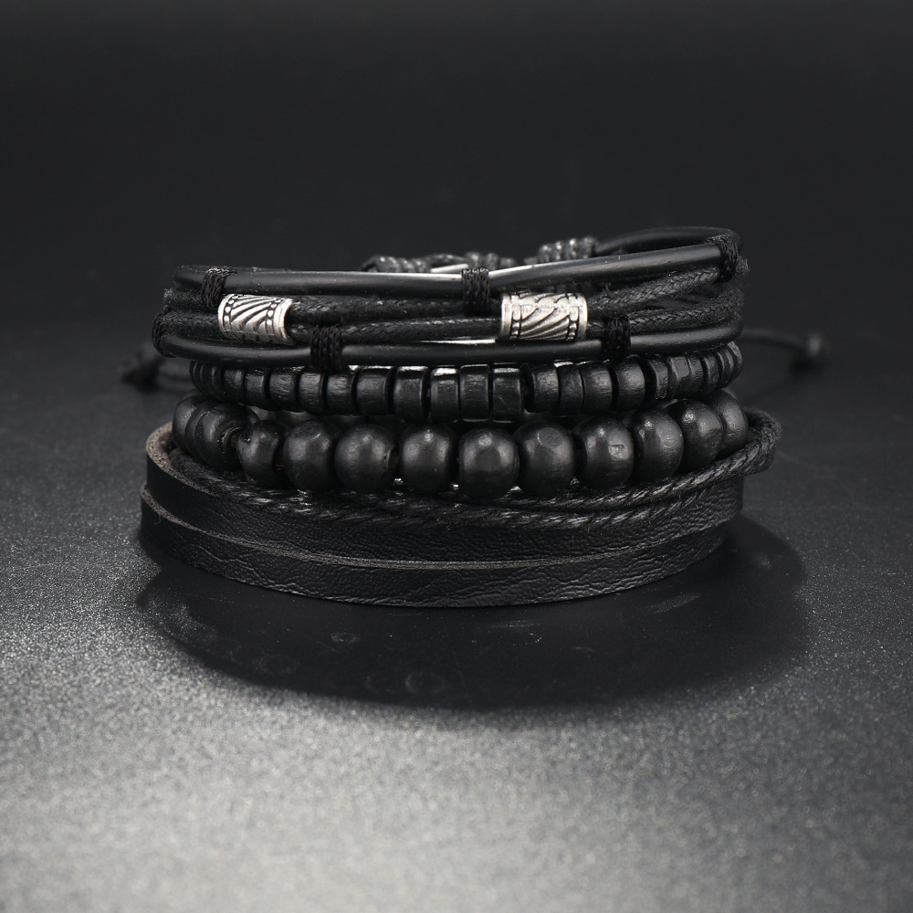 Leather Bracelet Men Hand-woven Beaded Leather Bracelet Multi-layer Set with Adjustable Bracelet Charm Bracelet Men Accessories. 