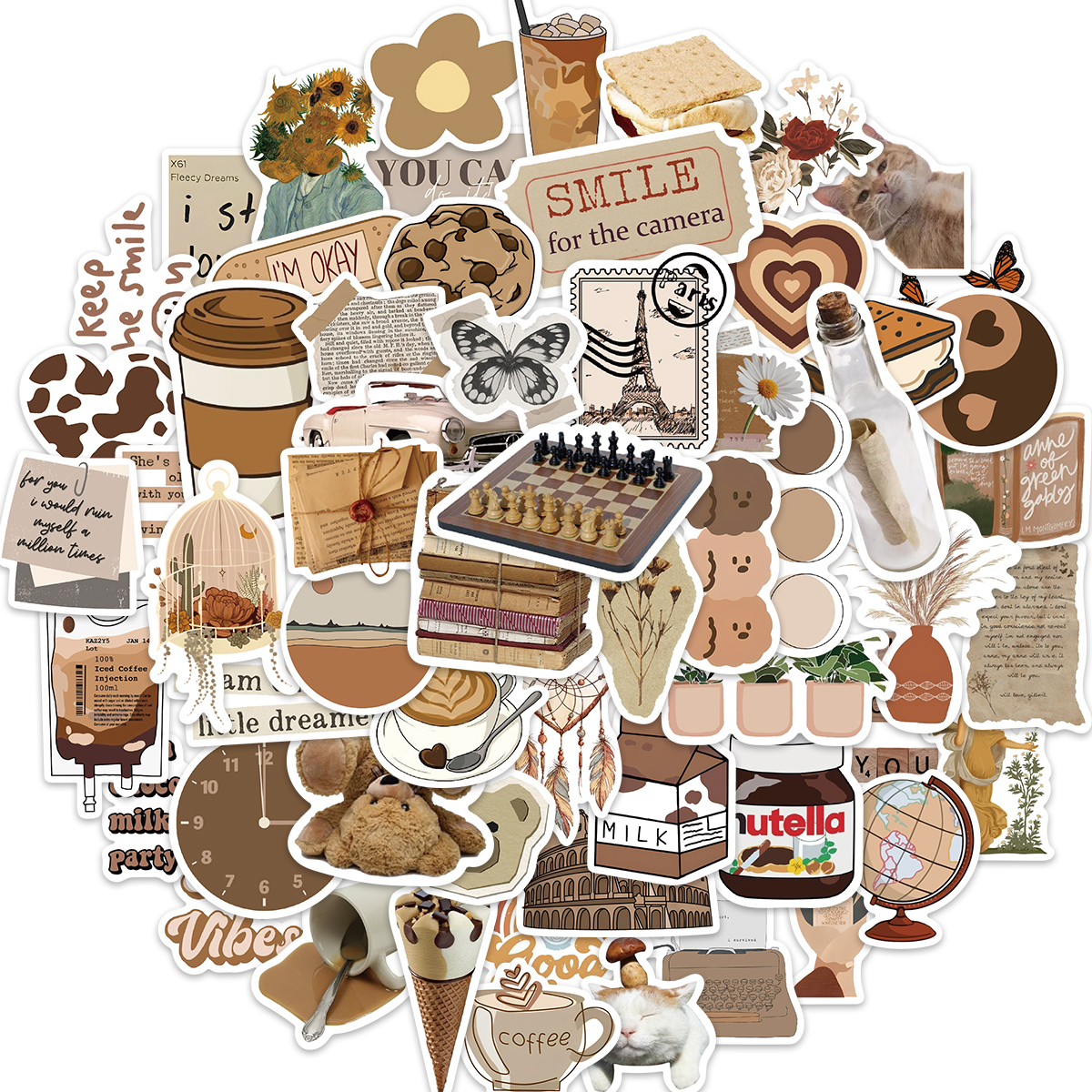 60PCS INS Aesthetics Art Brown Stickers Vintage For Gift DIY Kids Notebook Luggage Motorcycle Laptop Refrigerator Decal Decor. 