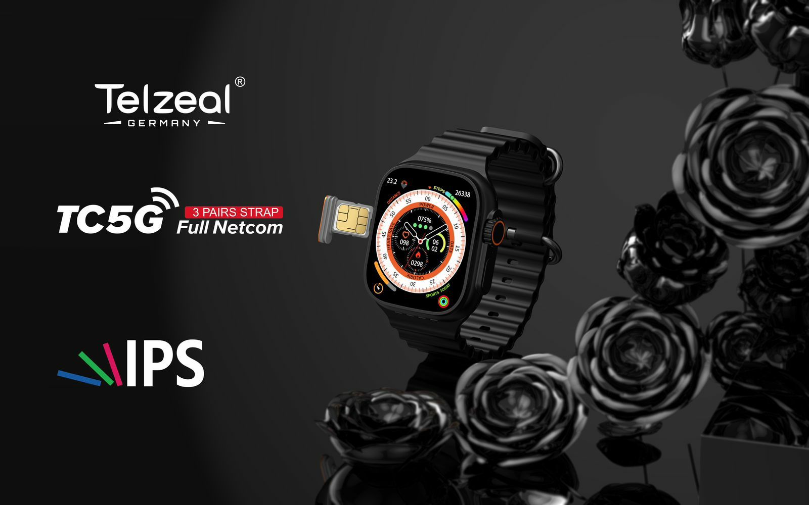 Telzeal TC5G Sim Android Smart Watch with 3 Straps. 