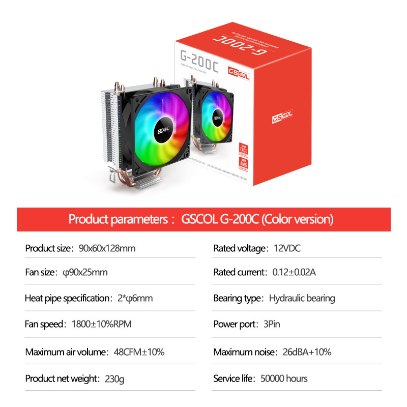 GSCOOL G-200 2heat pipe Air-cooled Radiator 90mm fan CPU Cooler For LGA115x 1700 1200 AMD AM5 AM4. 