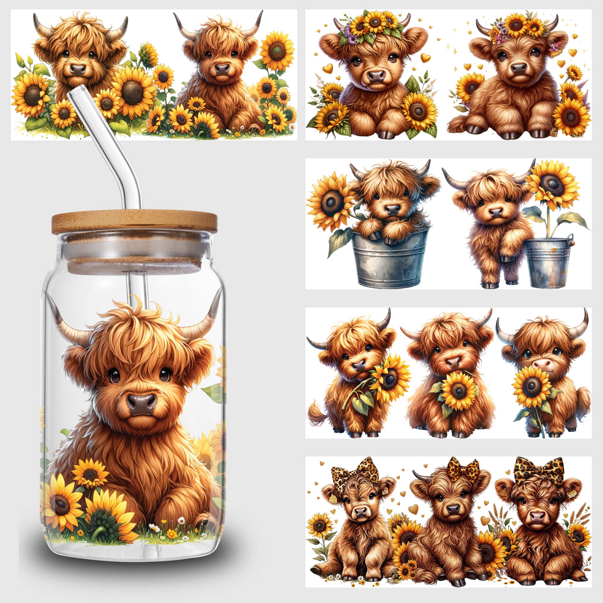 5 sheets cute cow UV DTF cup sleeves 16 oz, DTF cup sleeve transfer glass, water bottle waterproof stickers