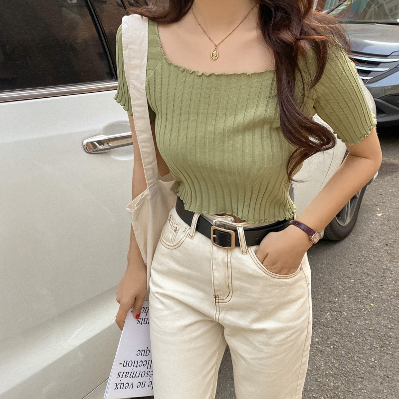 Baby Tee Short Sleeve Ribbed Knit Crop Top for Women Teengirl Square Neck Fitted Knitwear 90s Y2K Aesthetic Spring Summer Outfit. 