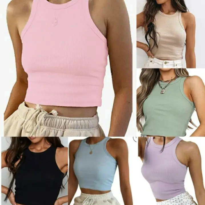 Crop top Girls / Women's Round Neck Rib-Knit Crop Top, Racerback Camisole  Solid Sleeveless Crop Tank Top