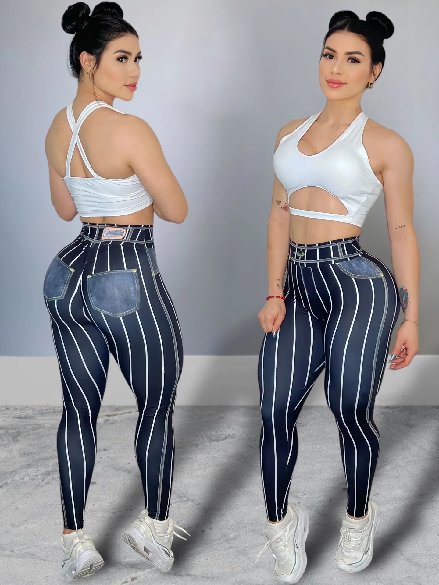 Women High Waist Sports Leggings Stripe Print Stretchable Yoga Pants Sexy Tight Fitness Workout  Gym Push Up Causal Pant. 