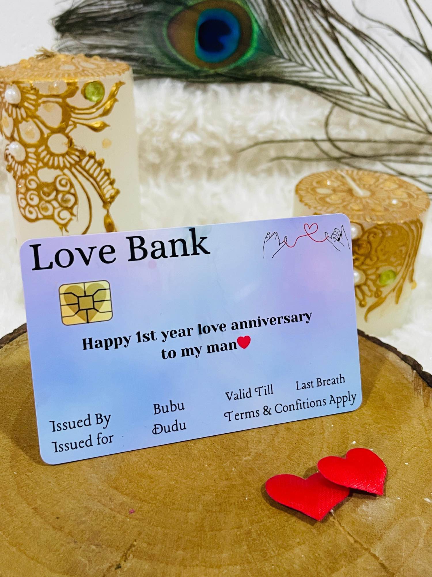 Customize love bank card with photos and text. 