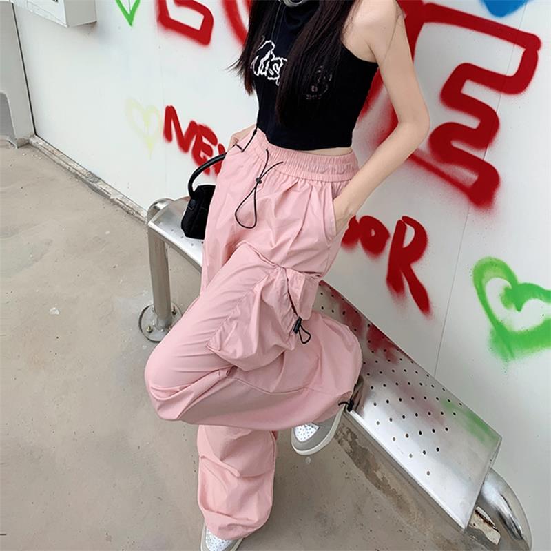 Y2K Parachute Black Pants Women Hippie Streetwear Oversize Pockets Cargo Trousers Harajuku Wide Leg Baggy Sweatpants. 