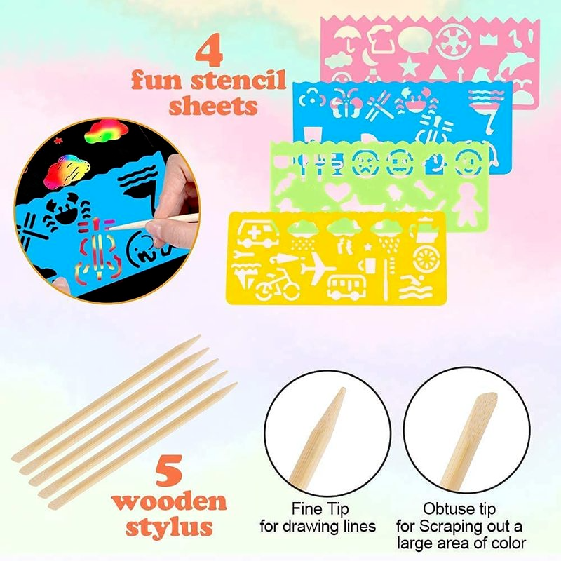 Scratch Paper Art Set Rainbow Card Scratch Black Scratch It Off Paper Crafts Notes with Wooden Stylus Stencils for Kid DIY Gift. 