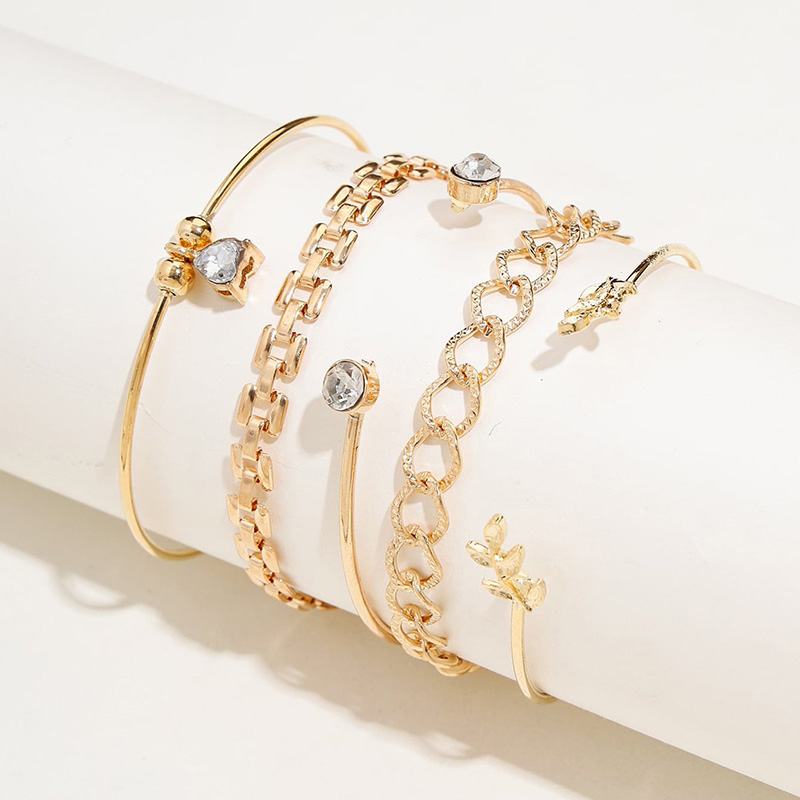 Trendy Geometric Link Chain Bracelet Set For Women Rhinestones Gold Color Leaves Heart Pendant Open Cuff Bangle Girls Jewelry. 