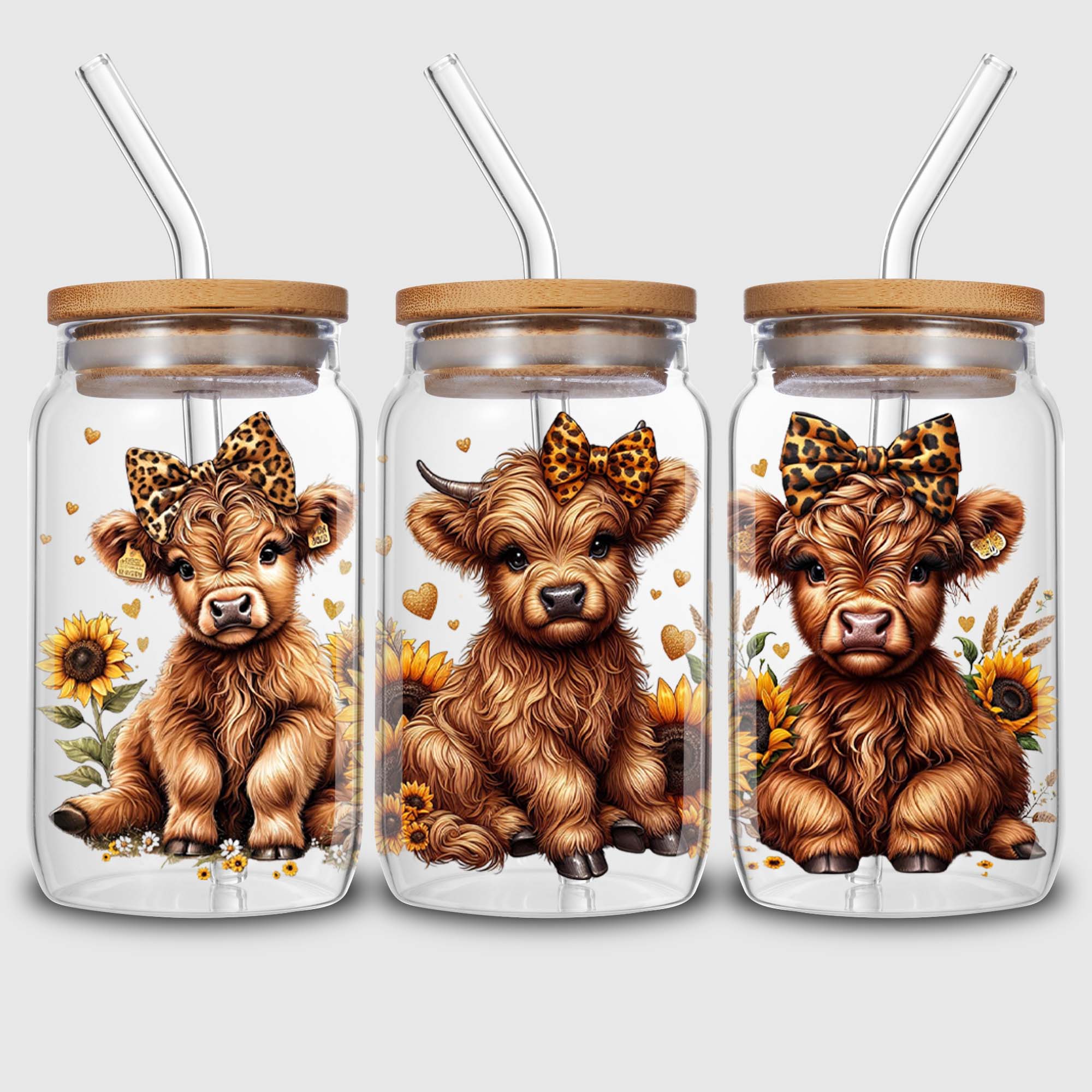 5 sheets cute cow UV DTF cup sleeves 16 oz, DTF cup sleeve transfer glass, water bottle waterproof stickers. 