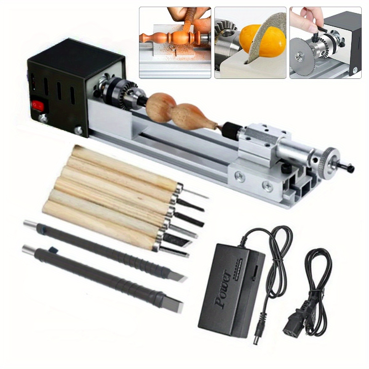 Mini Wood Lathe Machine - 12V-24VDC With 7 Speed Settings 4000-9000 RPM For DIY Woodworking