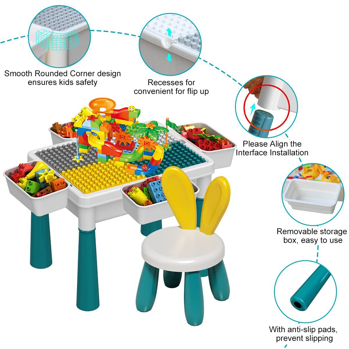 Building Block Table | Kids Activity Table | No MC 816 | Kids Table Chair Set | 4 Storage Box Adjustable Legs | 85+ Pcs Building Block | Compatible Bricks Toy | Dining Play Learning, Water Sand Table | Changeable Building Block Table. 