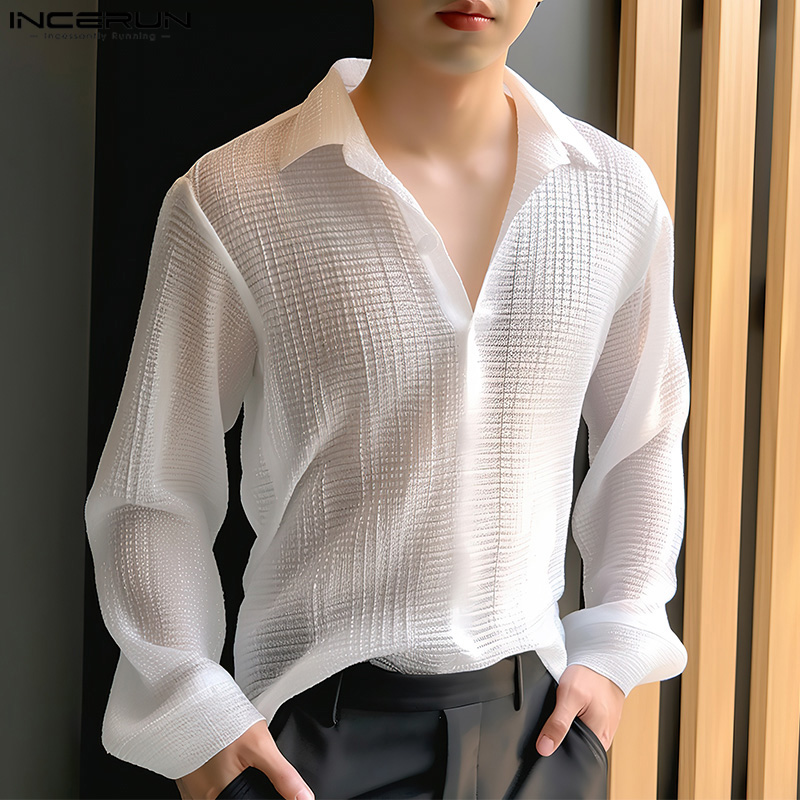 INCERUN Tops 2024 Korean Style New Men V-neck Texture Lapel Collar Shirts Fashionable Male Solid Color Long Sleeved Blouse S-5XL. 