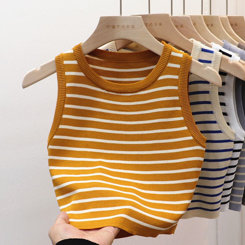 Summer Spring Striped Tank Tops Women Sleeveless Knitted T-Shirts Female Elastic Slim Casual Vests Crop Tops Pullover Camis. 
