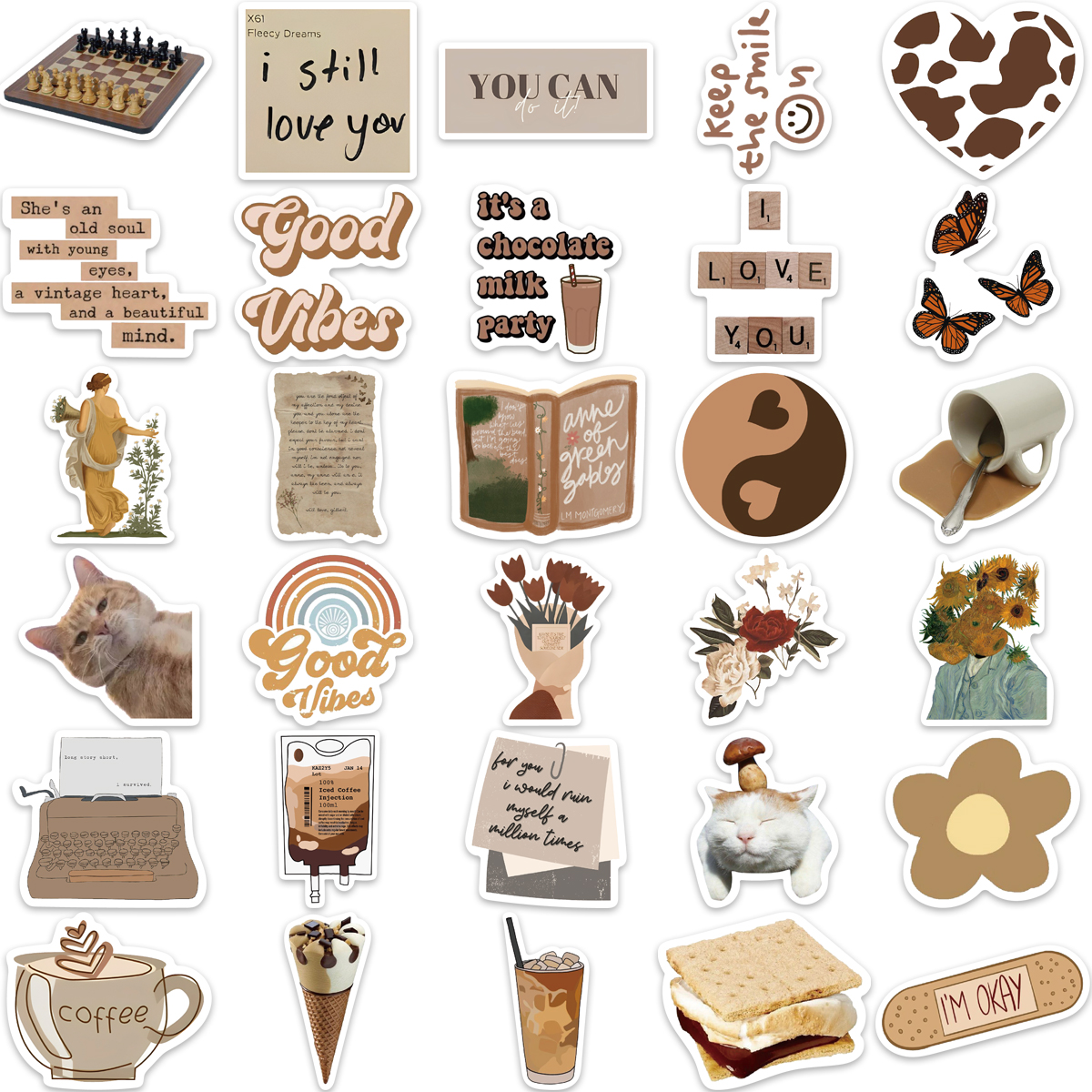 60PCS INS Aesthetics Art Brown Stickers Vintage For Gift DIY Kids Notebook Luggage Motorcycle Laptop Refrigerator Decal Decor. 