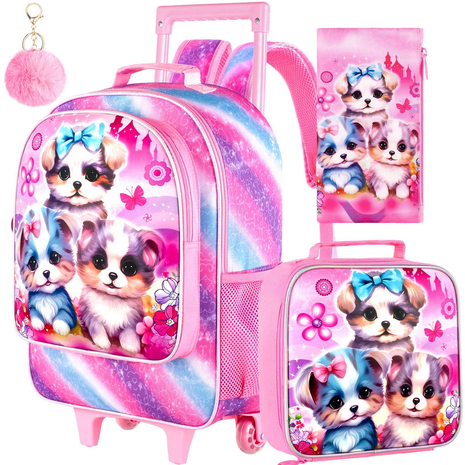 3PCS Rolling Backpack for Girls, Kids Roller Wheels Bookbag, Wheeled ...