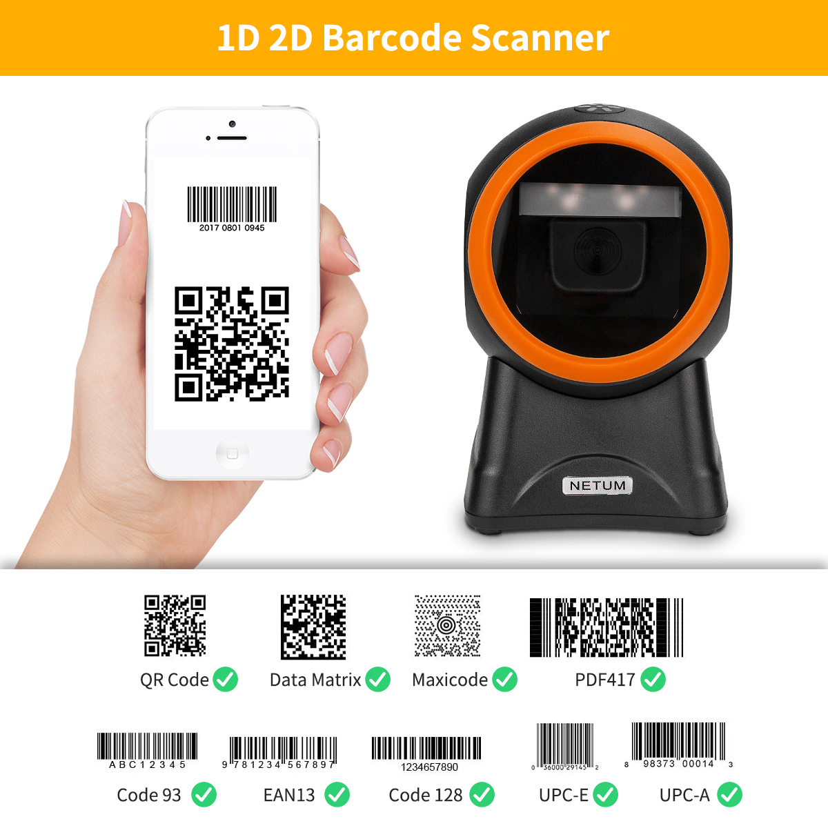 NETUM NT-2055 Desktop 2D Barcode Scanner, Omnidirectional Hands-Free Wired USB Big Barcode Reader 1D QR Screen Barcodes Scanning. 