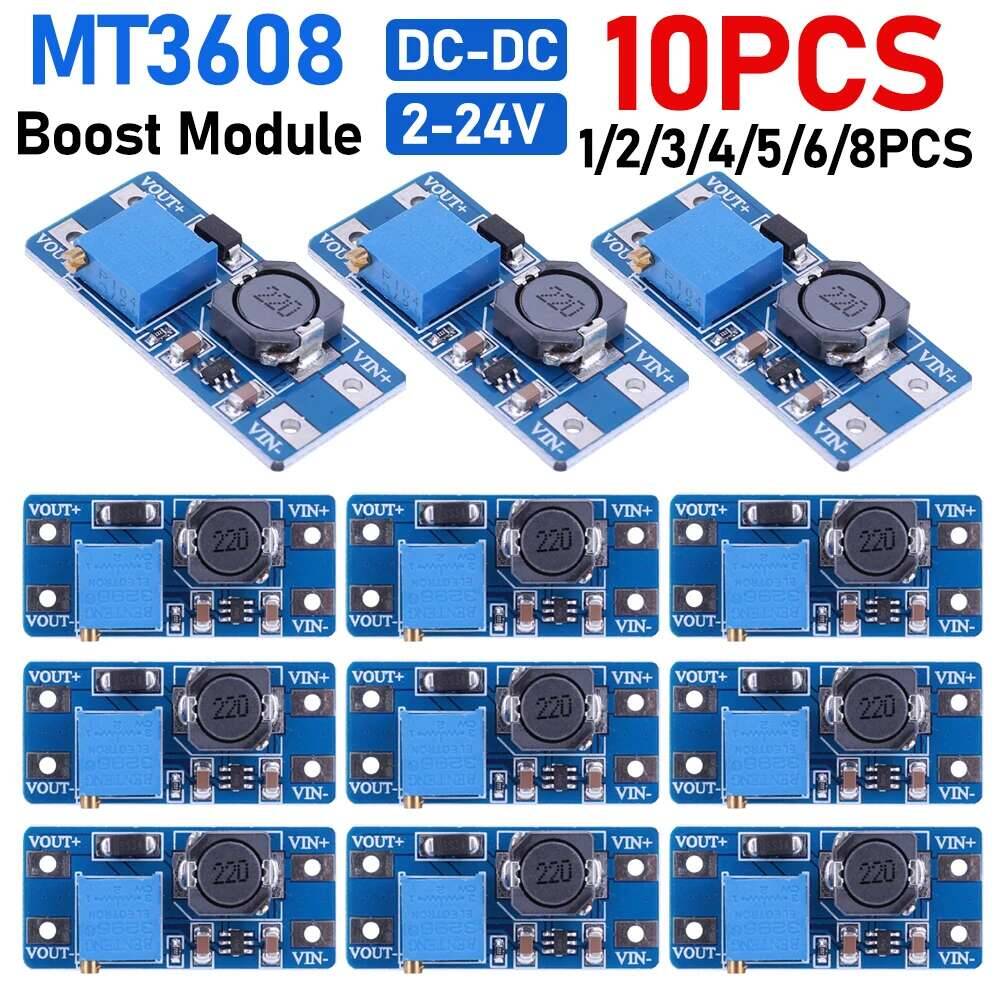 10-Pack MT3608 DC-DC Boost Converter Step-Up Module 2V-24V To 28V 2A - Replace XL6009, Blue PCB