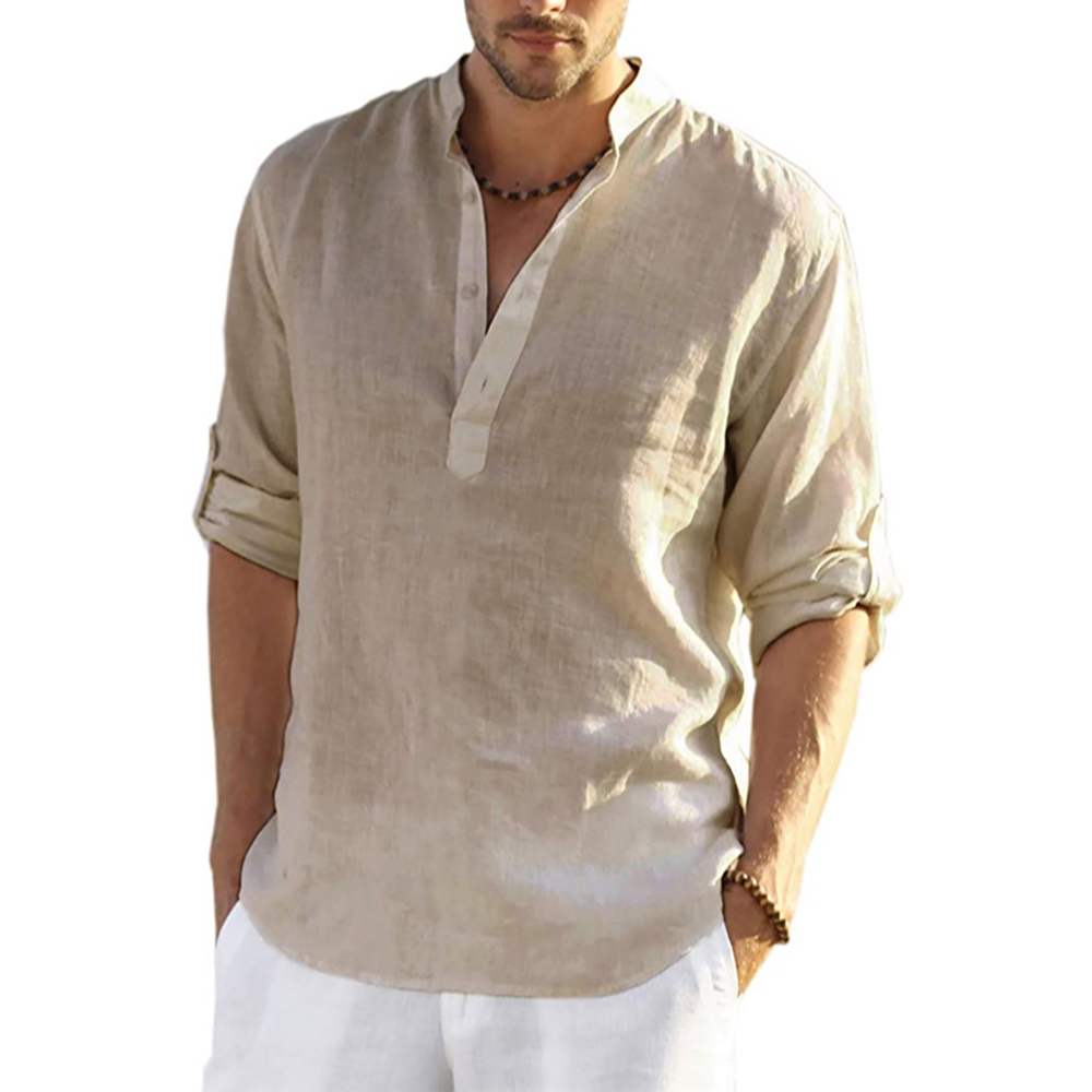 Men's Daily Linen Long Sleeve Shirt Solid Color Loose Casual Shirt Cotton Linen Comfy Fit Blouses Men Clothing