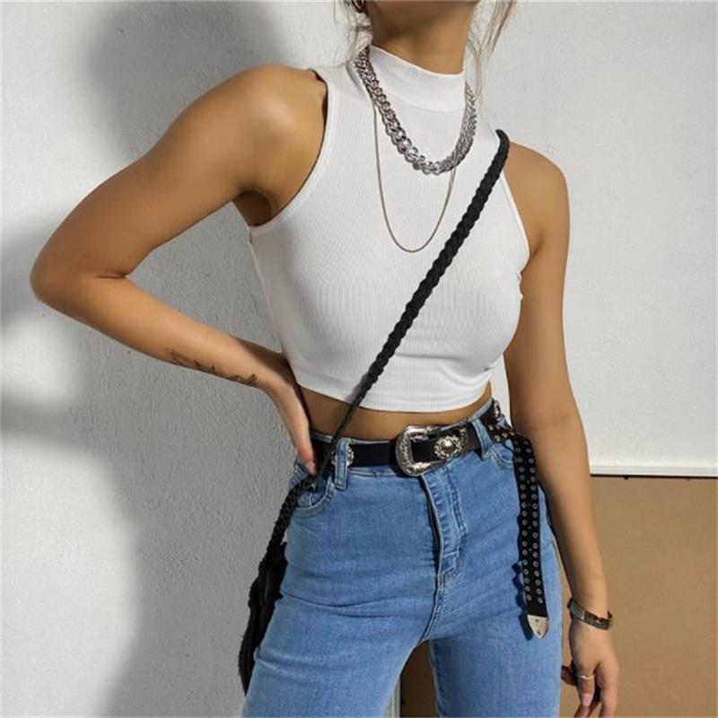 Summer Black Women Fashion Crop Top High Neck White Sleeveless Tank Tops Streetwear Basic. 