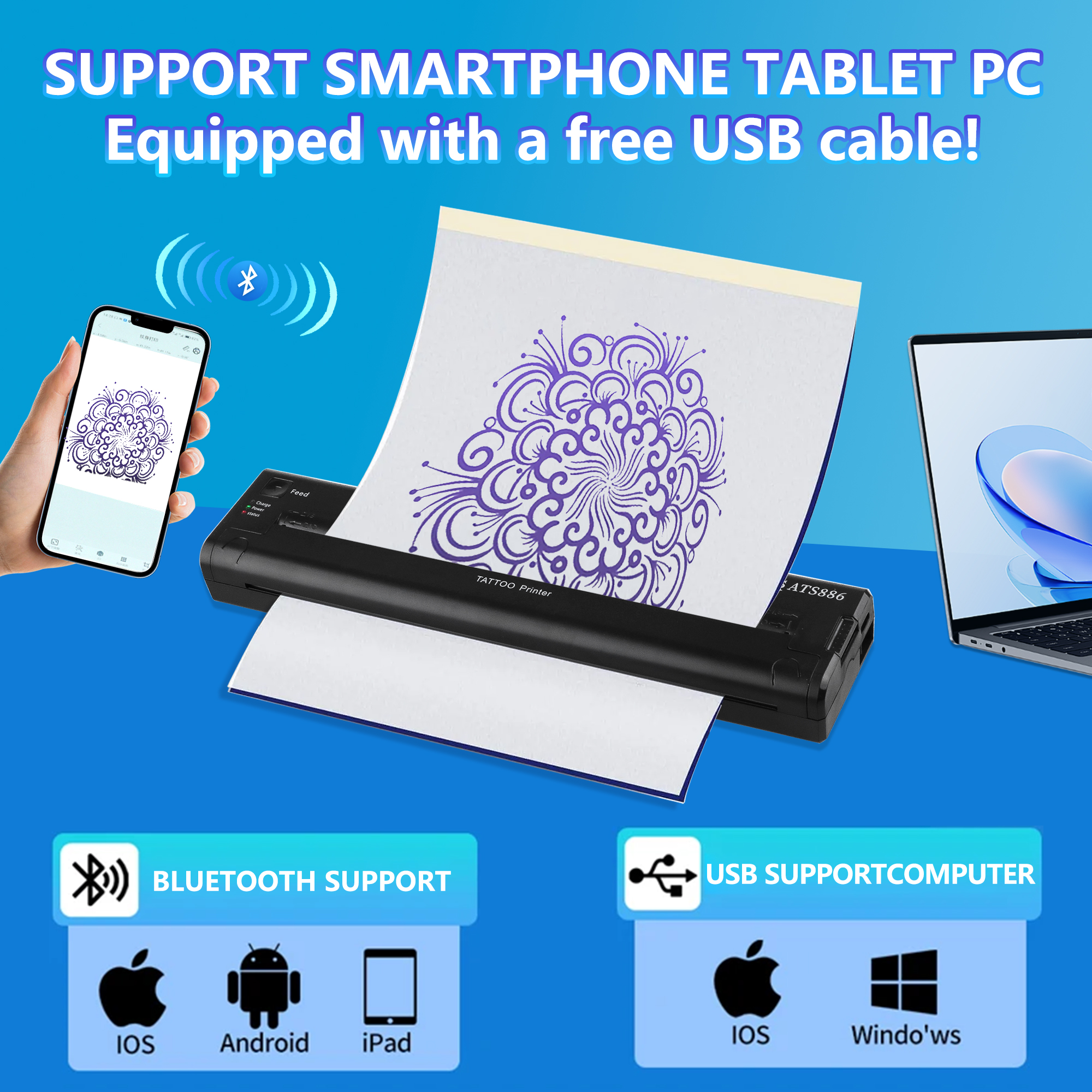 ATS886 Professional Portable Tattoo Transfer Printer Machine Kit Wireless Network Thermal Stencil Line Drawing Printing Copier. 