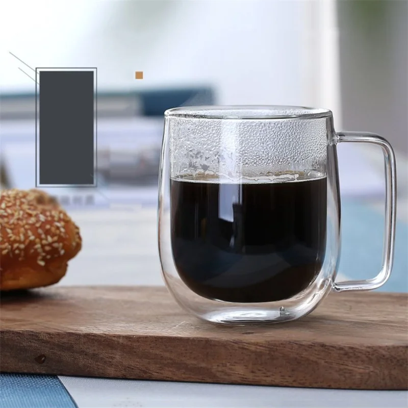 150-350ml Heat Resistant High Borosilicate Glass Mug Double Wall Glass Coffee Cup with Handle Milk Water Cup Clear Cups Gift. 