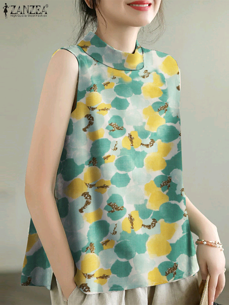 ZANZEA Women Summer Tank Tops 2024 Korean Sleeveless Print Camis Blouse Fashion Round Neck Shirt Casual Loose Round Neck Tunics. 