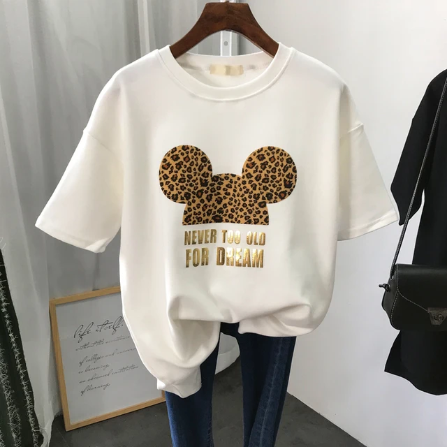 Gold Letter Grapic Leopard T-shirts Women Summer Loose Harajuku Female Black White T Shirt New Casual Women's Clothing Korean. 