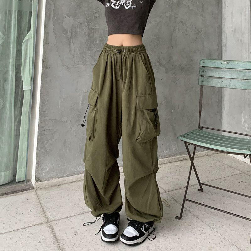 Y2K Parachute Black Pants Women Hippie Streetwear Oversize Pockets Cargo Trousers Harajuku Wide Leg Baggy Sweatpants. 