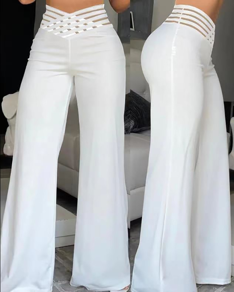 Women Flared Pants Elegant Office Lady Casual High Waist Trousers Spring Summer Solid Crisscross Sheer Mesh Patch Wide Leg Pant. 