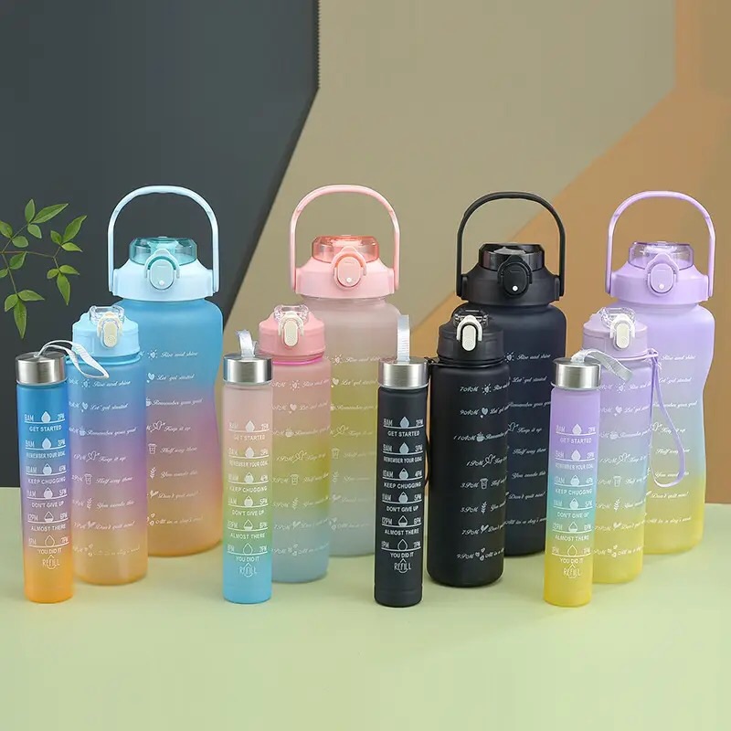 3Pcs/Set Large Capacity Water Bottle Set,Portable Plastic Frosted Gradient Color Water Bottle With Time Marker And Hanging Rope