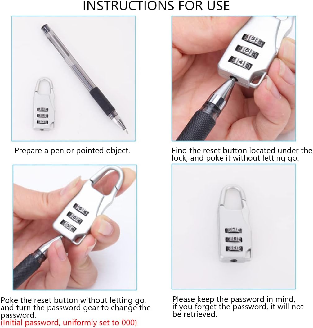 3 Digit Code Number Password Lock Combination Padlock Safety Travel Resettable Security Lock for Suitcases and Bag. 