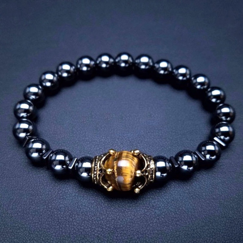 Natural Stone Bead Bracelets for Men Fashion Luxury Antique Crown Mate Beads Tiger Eye Stone Handmade Beaded Bracelets Jewelry. 