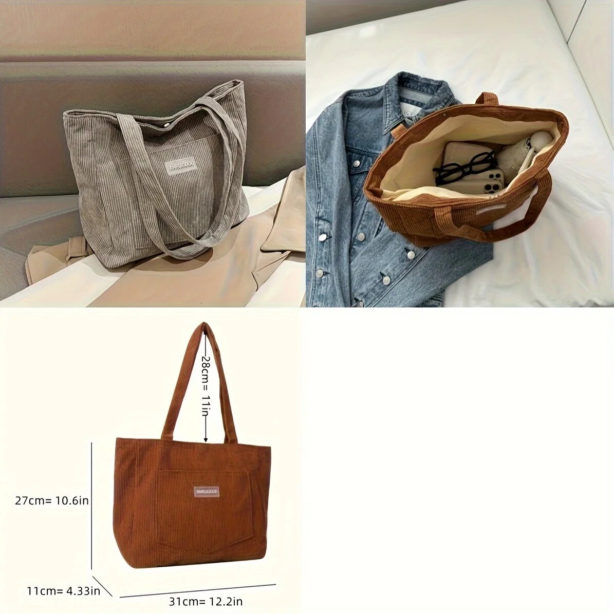 Large Capacity Shoulder Bag Trendy Corduroy Tote Bag Solid Color Ladies Handbag With Front Pocket. 