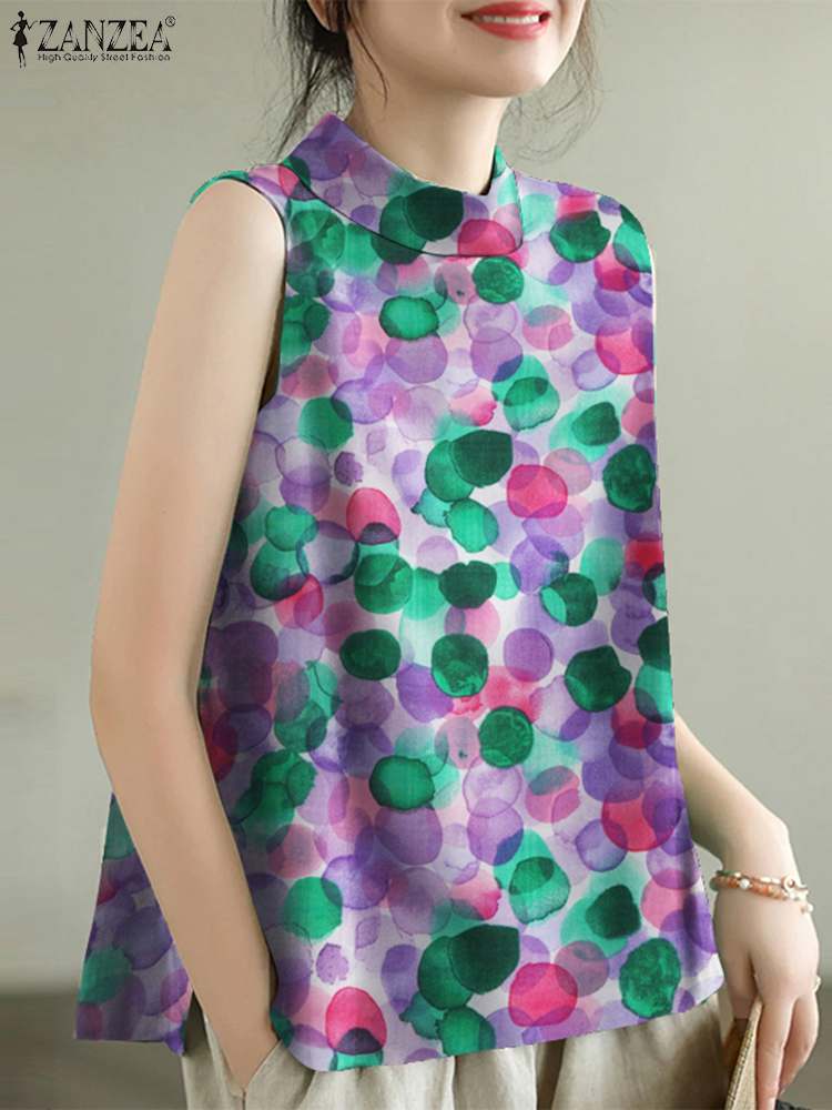 ZANZEA Women Summer Tank Tops 2024 Korean Sleeveless Print Camis Blouse Fashion Round Neck Shirt Casual Loose Round Neck Tunics. 