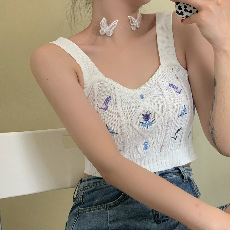 ITOOLIN Women Embroidery Floral Cute Camis Knitted Crop Tops For Women Slim Tanks Tops Fashion Camisole Summer 2023. 