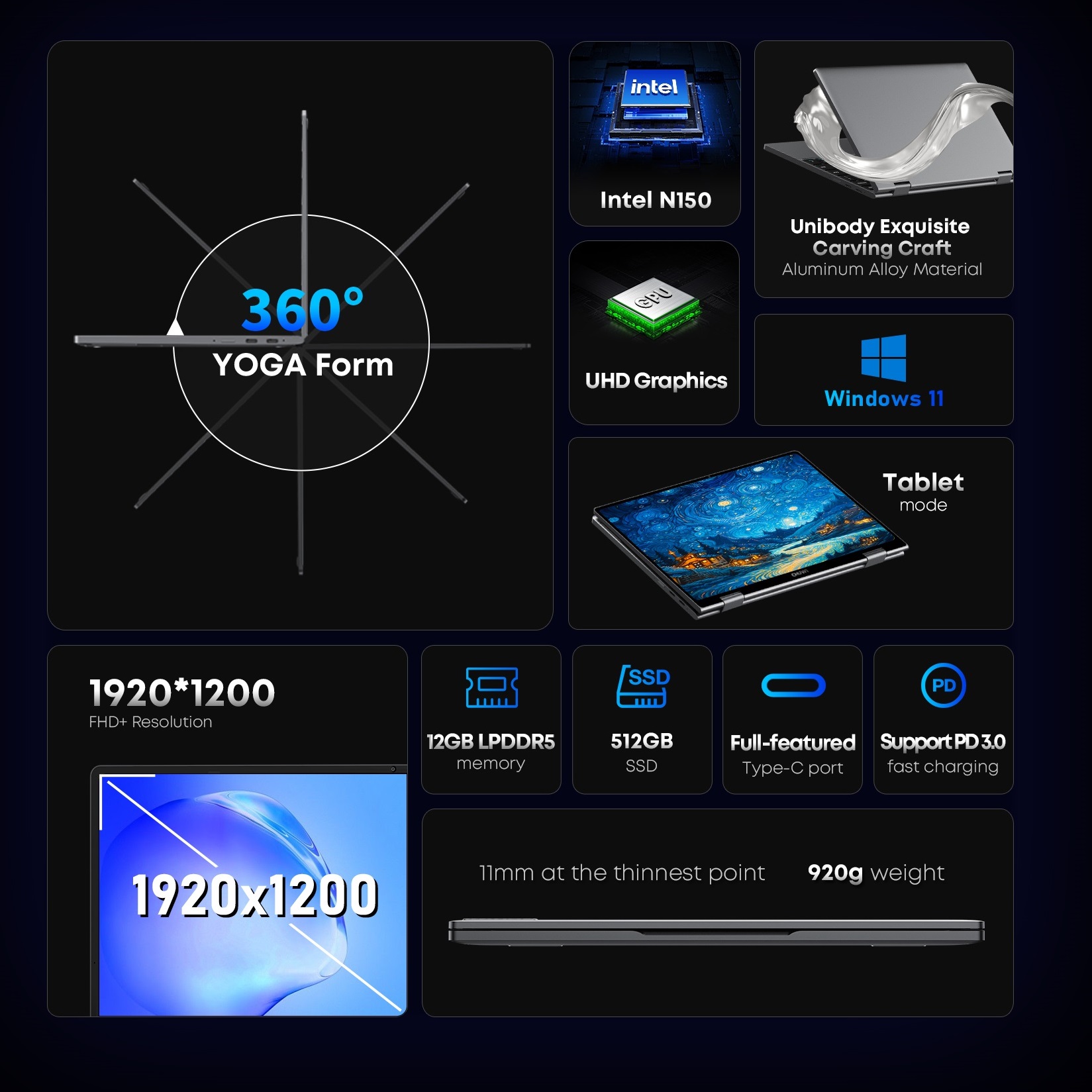 CHUWI MiniBook X Laptop Tablet 2 In 1 Intel N150 CPU 10.51" FHD IPS Screen 12GB LPDDR5 512G SSD Windows 11 Notebook 1200*1920. 