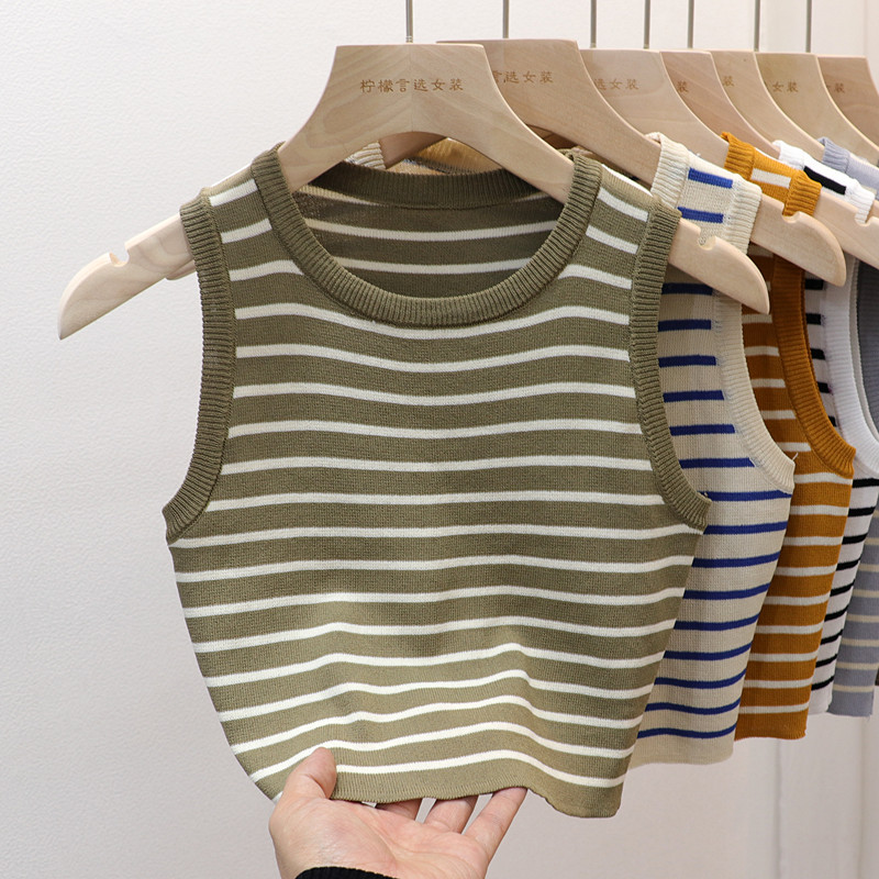 Summer Spring Striped Tank Tops Women Sleeveless Knitted T-Shirts Female Elastic Slim Casual Vests Crop Tops Pullover Camis. 