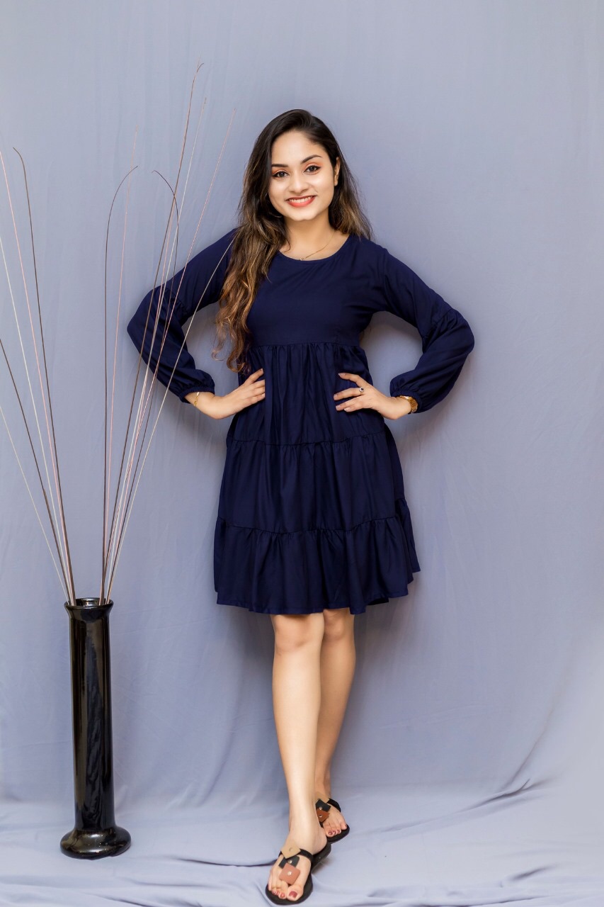 Tulle frock design collection viscose ladies women red blue black short round neck long sleeved. 