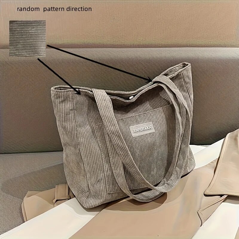 Large Capacity Shoulder Bag Trendy Corduroy Tote Bag Solid Color Ladies Handbag With Front Pocket. 