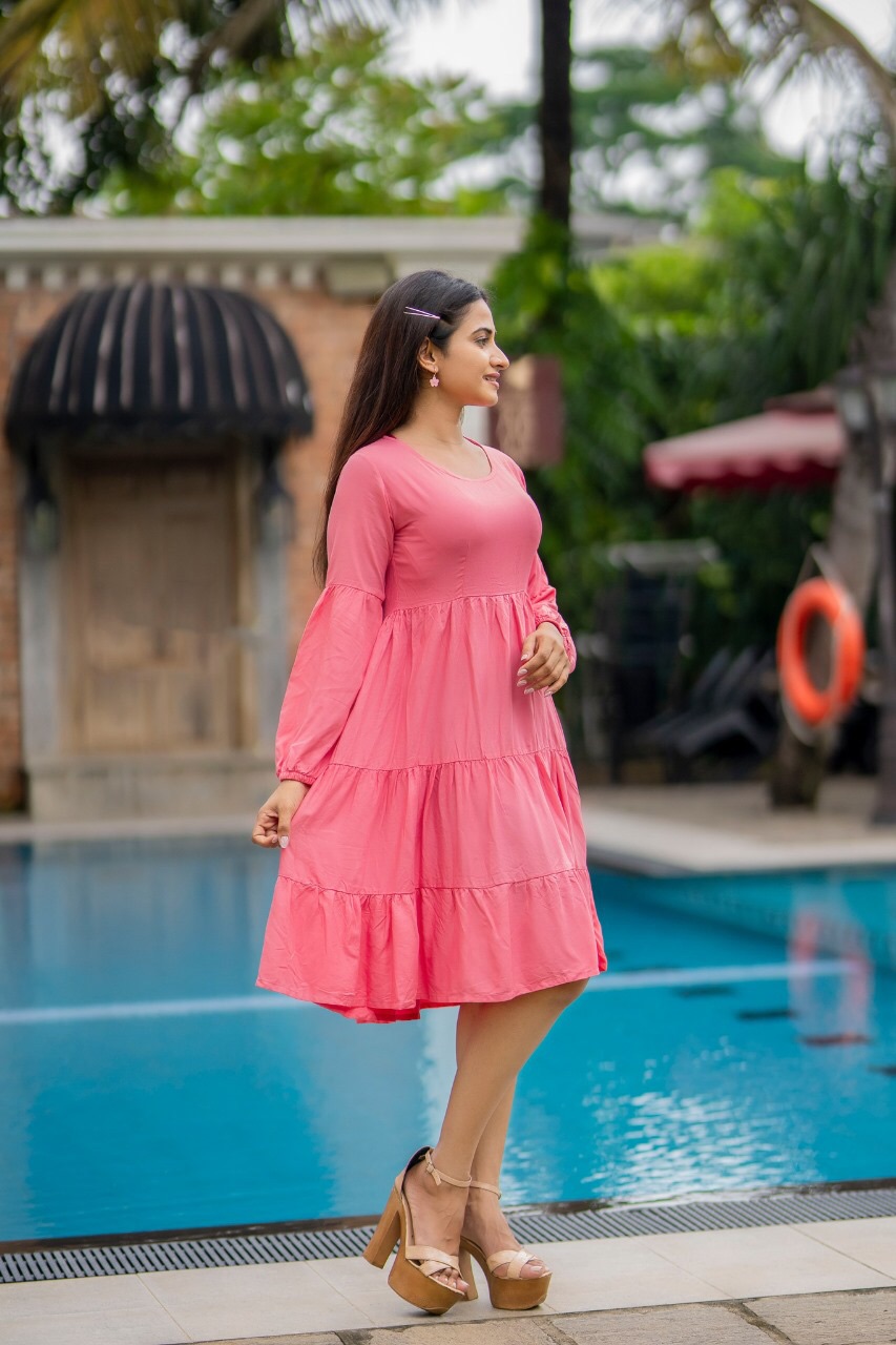 Tulle frock design collection viscose ladies women red blue black short round neck long sleeved. 