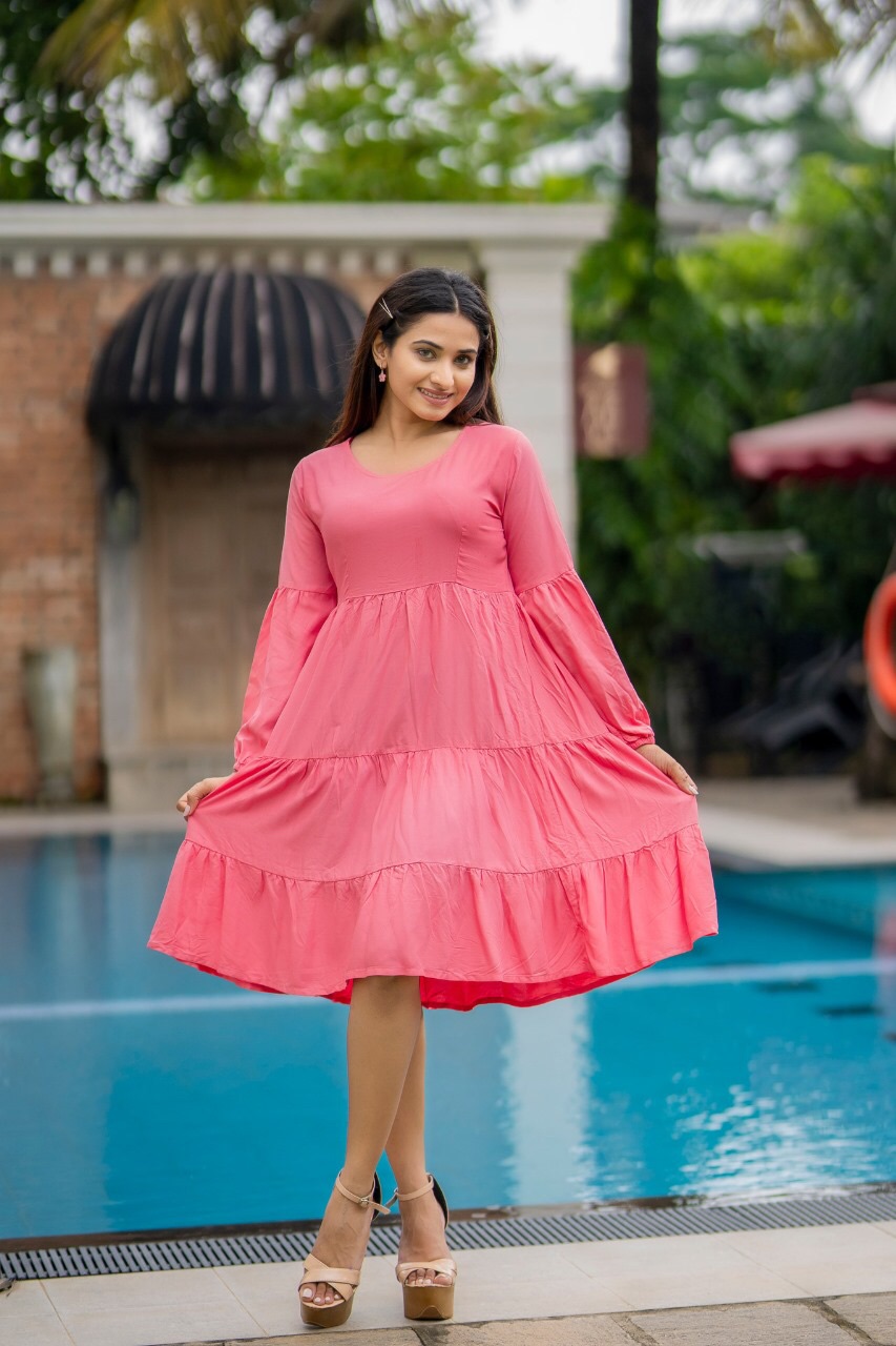 Tulle frock design collection viscose ladies women red blue black short round neck long sleeved. 