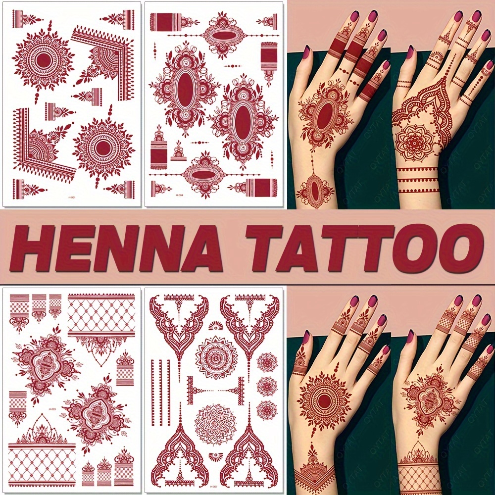 Red Lace Henna Tattoo Sexy Maroon Tattoo Stickers Waterproof India Mehndi Design Temporary Tattoos Finger Hand Tattoo For Women